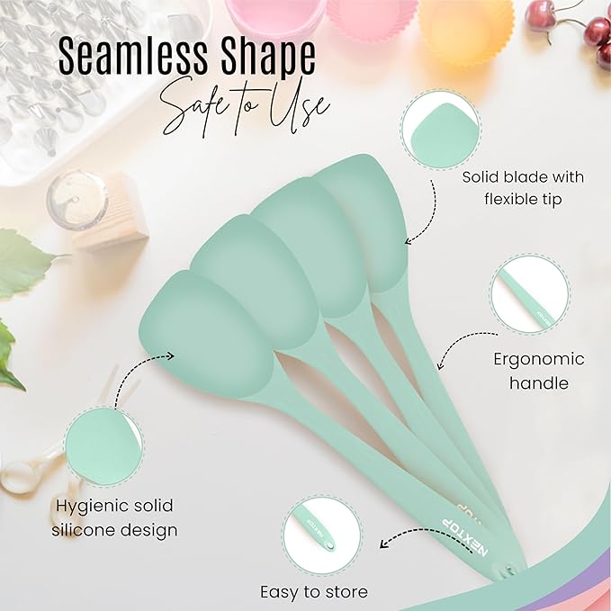NEXTOP Silicone Spatula Set of 4 - Multipurpose Seamless Silicone Spoon Spatula for Mixing and Cooking - Heat Resistant Flexible Kitchen Utensils for Blending, Stirring, and Baking - Green