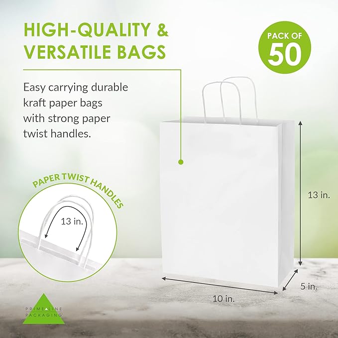 Prime Line Packaging White Gift Bags, Shopping Gift Bags Medium with Handles for Small Business, Boutiques, Retail, Merchandise, Party Favors, Bulk 10x5x13, 50 Pack