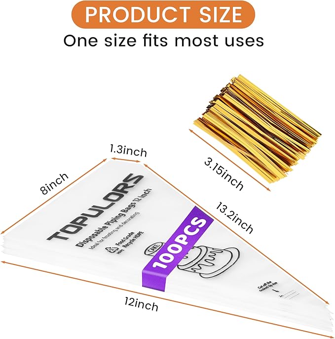 TOPULORS Disposable Piping Bags 12" Height - 100 PCS Pastry Bags - Tipless Icing Piping Bags for Frosting - Ideal for Cakes and Cookies Decorating Supplies - Extra Thick, Anti Burst, and Non-Slip