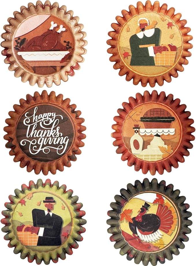 qiqee Cupcake Liners Thanksgiving Turkey Papers Baking Cups Wrappers Fall Muffin Wrappers for Party Candy Cake Decorations Supplies 300-Count 6 Design (Standard)