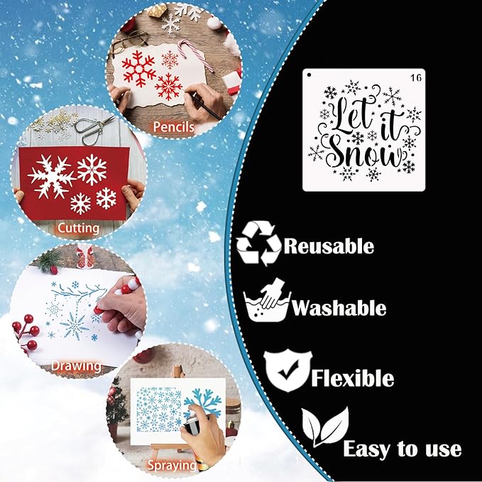 16 Pieces Christmas Snowflake Stencil Reusable Large Winter Stencils Plastic Holiday Crafts Stencils for Window Glass Wall Doormat Wood Decoration (16 Snowflakes)