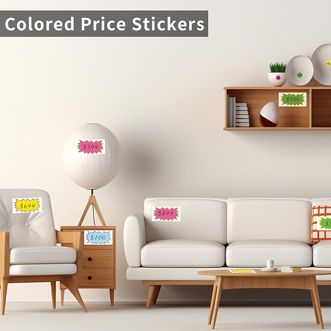 Preprinted Removable Garage Sale Labels, 0.75 Inches,4 Colors, Pack of 2160 and 20 Large Price Stickers