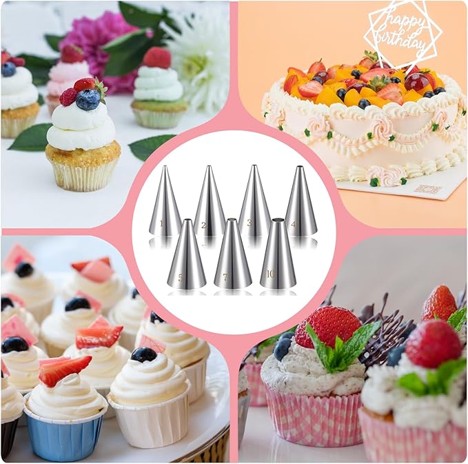 Bewudy 7 Pcs Round Hole Piping Tips Set, Stainless Steel Cupcake Frosting Nozzles Tool Professional Cake Decorating Tool for Baking Cookies Puff Doughnut Cream Bag Filler