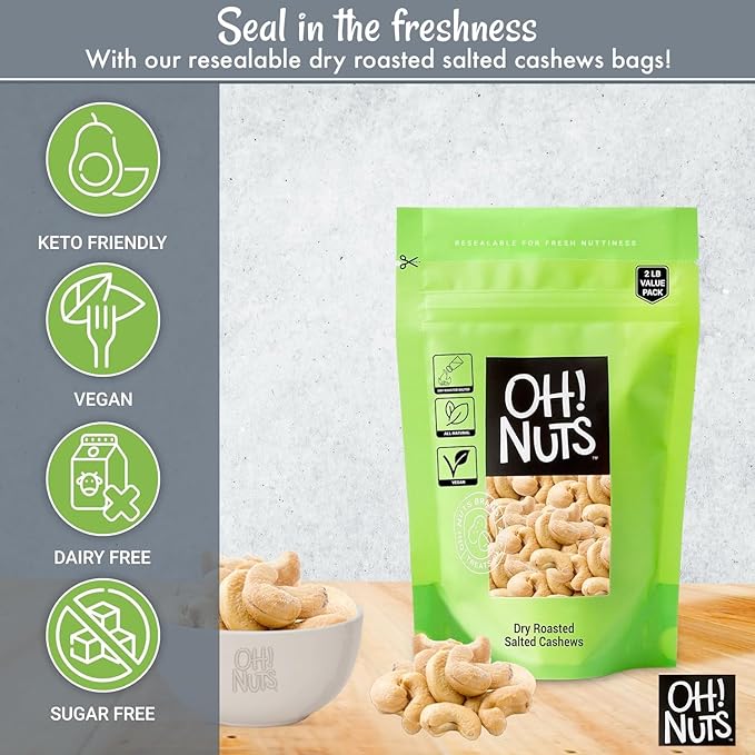 Oh! Nuts Cashews Roasted Salted - 2 lb - Oven Dry Roasted Cashews - Packed in New York Zip-Seal Bag for Exceptional Freshness