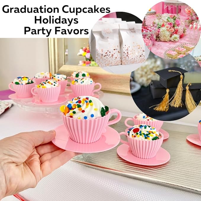 Evelots Baking Cupcake Molds - Silicone Teacup Set - 12 Pc Set - Oven-Safe - Nonstick - Muffin Cups for Bridal/Baby Shower, Birthday/Tea Party - 6 Cups & 6 Saucers - BPA Free