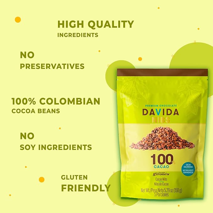 DAVIDA Cacao Nibs 100% Cacao Premium Colombian Cacao Beans (Pack of 2) 5.29 OZ
