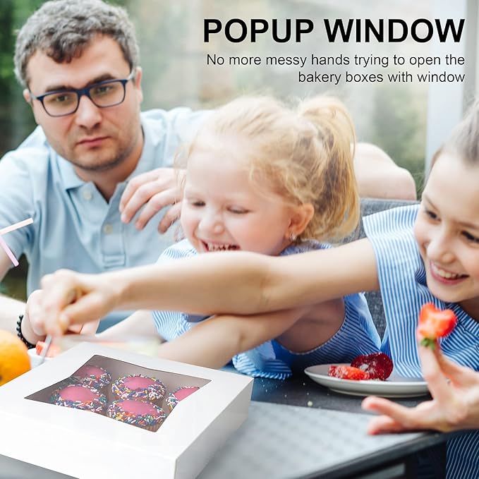 MT Products White Cookie Boxes - Size of 8" X 8" X 2.5" - (25 Pieces) Auto Pop-Up Bakery Boxes with Window - Made in the USA
