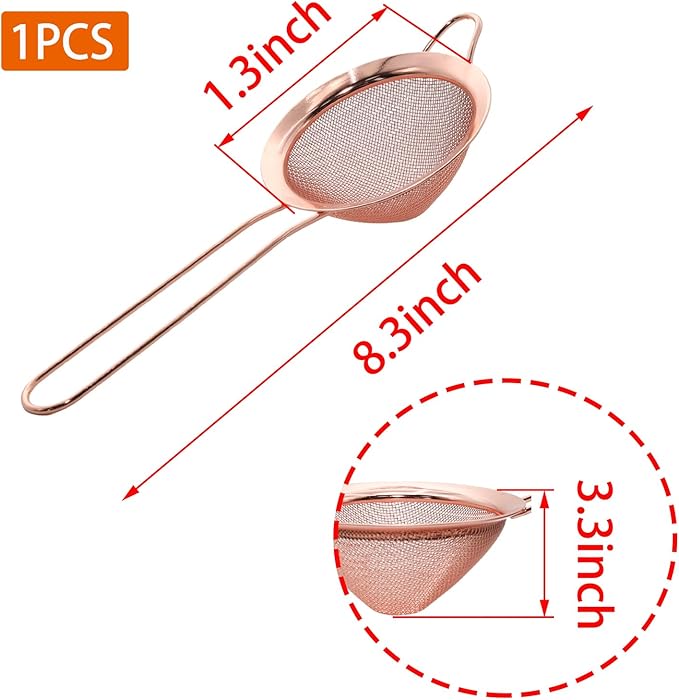 Rose Gold Fine Mesh Strainer - 304 Stainless Steel Handheld Sieve, Small Kitchen Filter for Baking, Tea & Cocktail Making