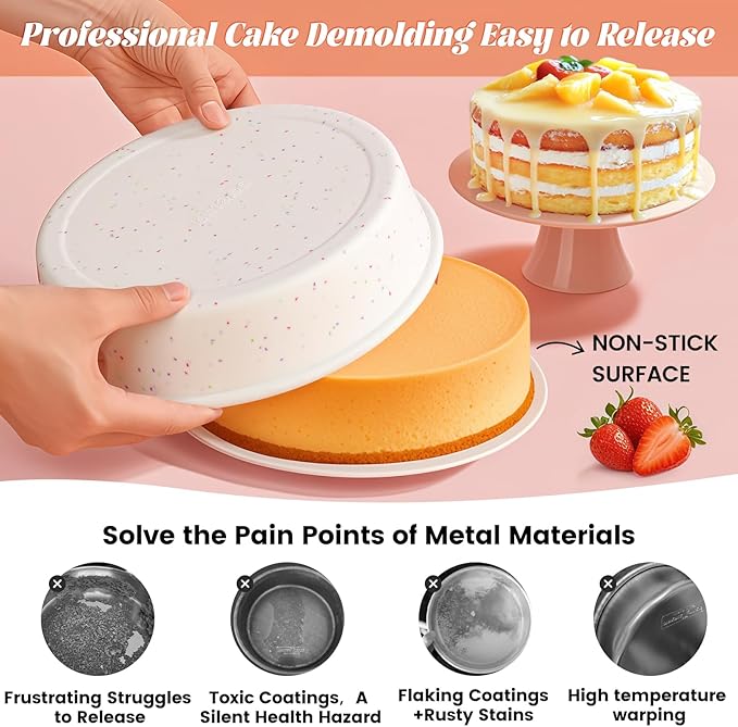 SJ 10 Inch Silicone Round Cake Pan with Metal Reinforced Frame Set of 3, Nonstick Silicone Cake Mold for Baking Suitable for Making Layers, Cheese & Chocolate Cakes