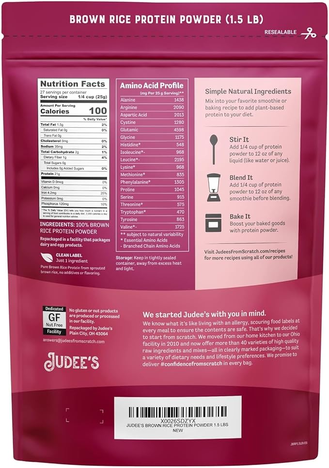 Judee's Gluten Free Brown Rice Protein Powder - Plant-Based Vegan Protein - Gluten-Free Meal Replacement - 1.5 lb, Unflavored