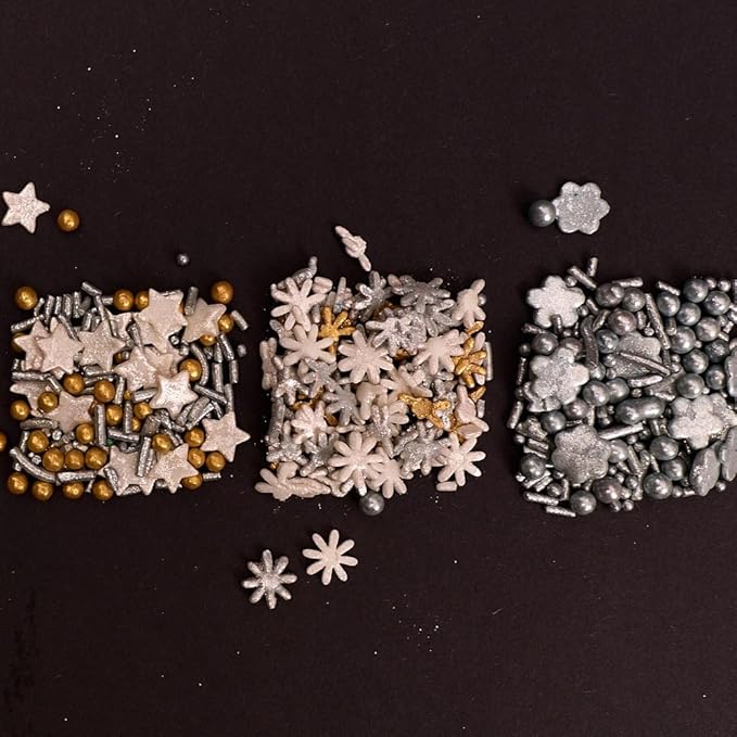 Confect Christmas Sprinkles | Grey, Gold & White Mix | Edible Star, Pearl & Flower Shaped Sprinkles | Elegant Holiday Cake & Cupcake Decorations- 5 Oz