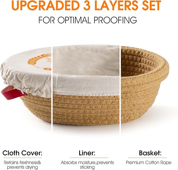 Sourdough Starter Kit, Handmade Cotton Rope oval and round banneton bread baskets with liners and covers, 35oz sourdough starter jar, essential bread baking tools