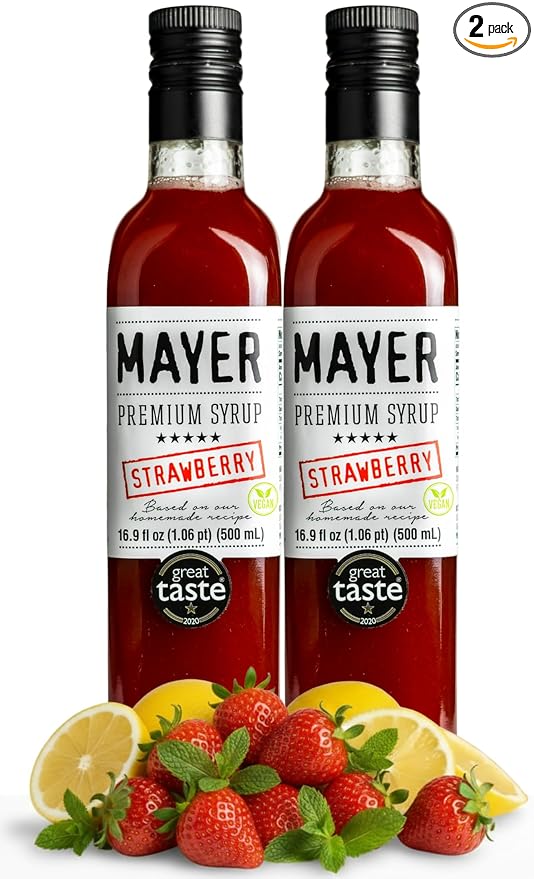 Mayer Premium Hungarian Strawberry Syrup - Award-Winning Artisanal Fruit Syrup, All-Natural, Over 50% Real Fruits, Vegan, Gluten-Free – Perfect Coffee Syrup, Cocktails & Dessert Topping (2 Pack)