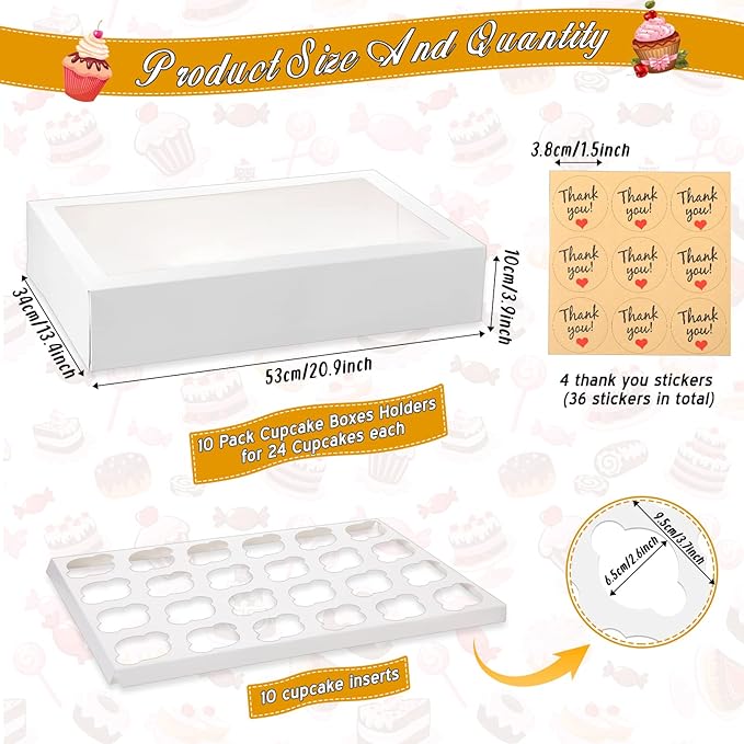 Fuutreo 10 Pack White Cupcake Boxes with Window 21 x 13 x 4 Inches 24 Count Auto Pop up Large Cookie Boxes Cupcake Containers with Thank You Label Stickers for Muffins Pastries Donuts Cookies