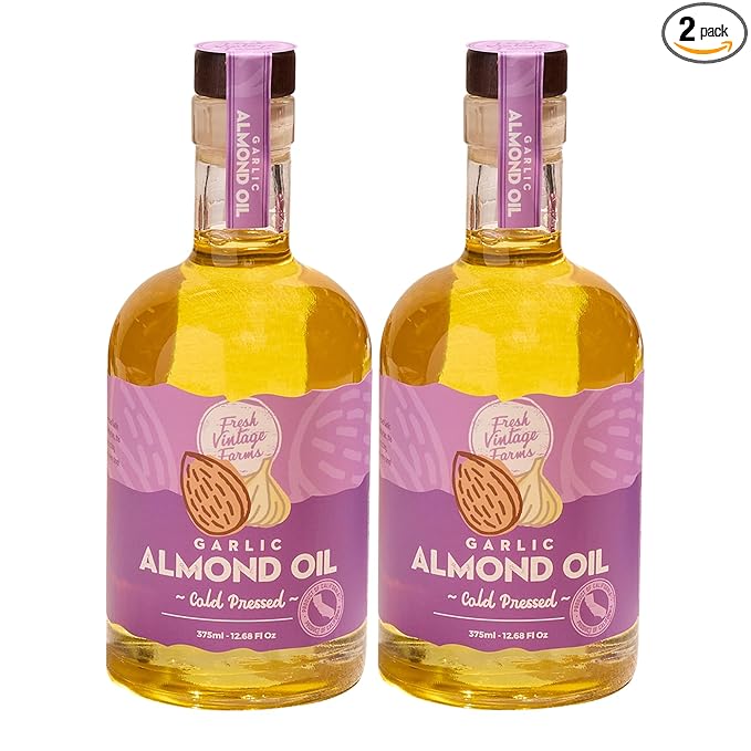 Fresh Vintage Farms Garlic Infused Almond Oil | Cold Pressed Garlic California Almond Oil | Cold Pressed & Flavorful Cooking Oil for Grilling, Baking, Dipping, & Salads | 12.68 Fl oz, Pack of 2