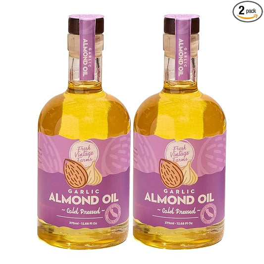 Fresh Vintage Farms Garlic Infused Almond Oil | Cold Pressed Garlic California Almond Oil | Cold Pressed & Flavorful Cooking Oil for Grilling, Baking, Dipping, & Salads | 12.68 Fl oz, Pack of 2