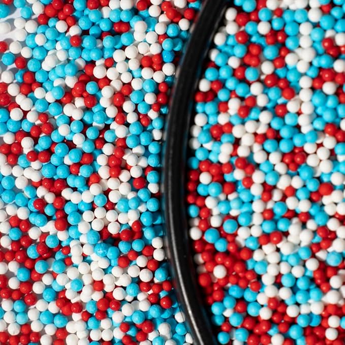 Nonpareils Sprinkles, White Edible Pearl Sprinkles for Cake Decorations, Baking, Ice Cream, Cookies, Cupcake Topper Edible Pearls Sprinkles - 2mm Matte White Sugar Pearls for Cake Decorating ( 130g/4.6oz )1 Bottle (2mm red blue)