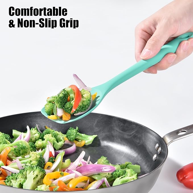 Doosu Silicone Spoon Spatula, 600ºF Heat-Resistant Food Grade Rubber Spoonula with Seamless Design, Non-Stick Flexible Scraper Kitchen Cooking Spoon Baking Tool for Mixing, Scraping (Aqua Sky)