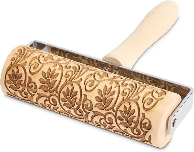 Mrs. Anderson’s Baking Mini Embossing Rolling Pin, Floral Scroll Design, Poplar Wood and Chrome-Plated Iron