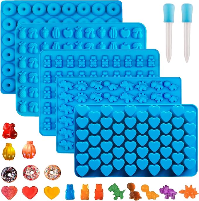 5 PCS Gummy Candy Molds Silicone, Food Grade Non-Stick Gummy Bear Mold Mini Fruit Snacks Molds BPA Free with 2 Droppers Including Mini Dinosaur, Bear, Heart, Fruit and Donut (Blue)