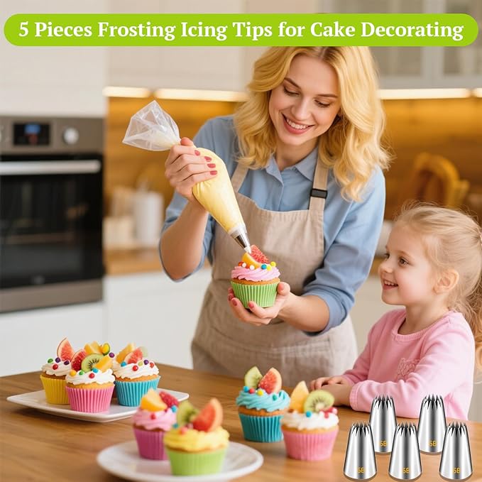 Suuker 6B Piping Tips Set, Stainless Steel Medium Cake Decorating Tips, 5 Pieces Frosting Icing Tips for Cake Decorating, Cupcakes, Cookie