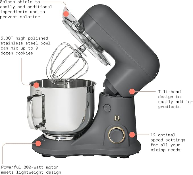 Beautiful 5.3 QT Stand Mixer w/Tilt-Head Design, Stainless Bowl, 300-Watt Power, 12-Speed Control, Includes Beater, Dough Hook, Whisk, Splash Shield (Oyster Gray)