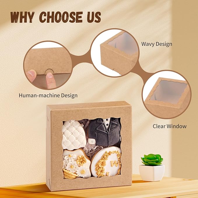 50 Pcs 5x5x2Inches Boxes for Baked Goods Bakery Boxes with Window for Treat, Cake, Cinamon Rool,Cookies,Chocolate Covered Strawberries & 5inch Favor Box Candy Gift Packing