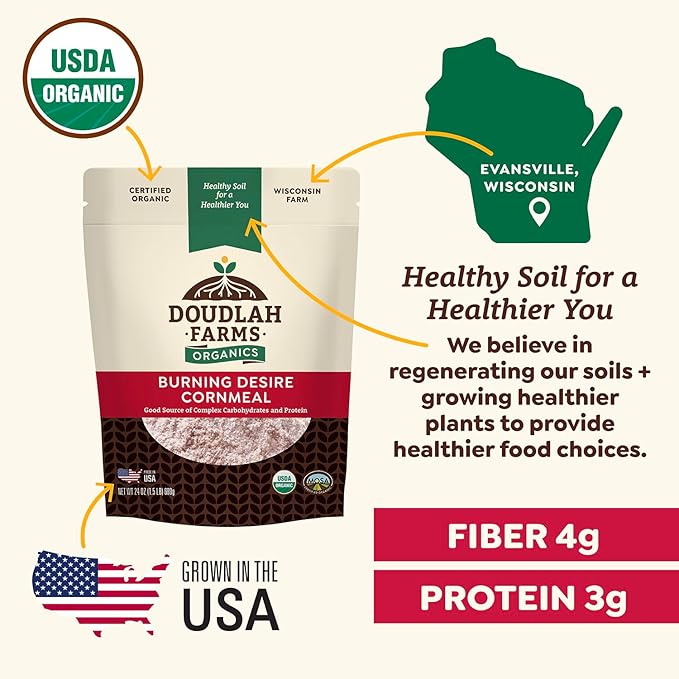 Organic Red Cornmeal Heirloom Red Dent Corn 1.5 lb - USDA Organic, Certified Clean, Non-GMO, Glyphosate Free - Biodynamic & Regeneratively Farmed Ground Cornmeal for Baking, Cornbread, & Tortillas By Doudlah Farms