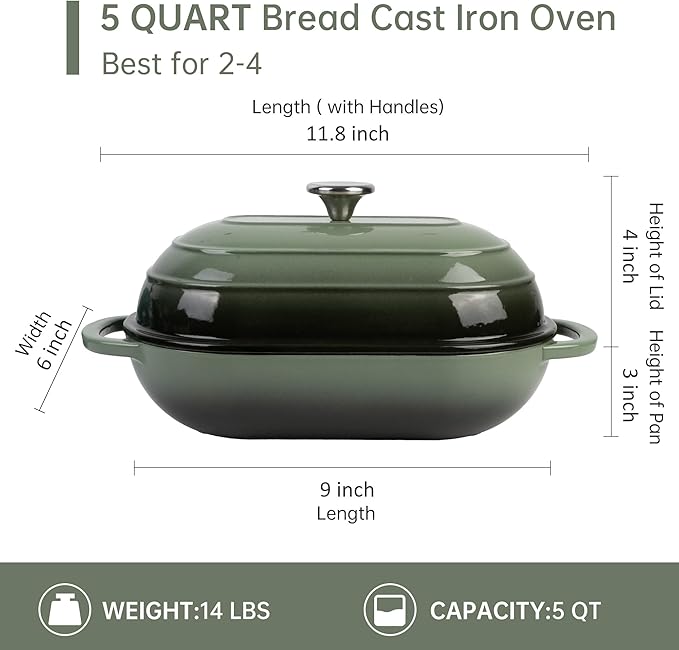 Premium Enameled Cast Iron Dutch Oven for Bread Baking | Non-Stick 5QT Oval Bread Oven with Lid | Perfect for Sourdough, Loaf, and Artisan Baking (Oval Green, 5 QT)