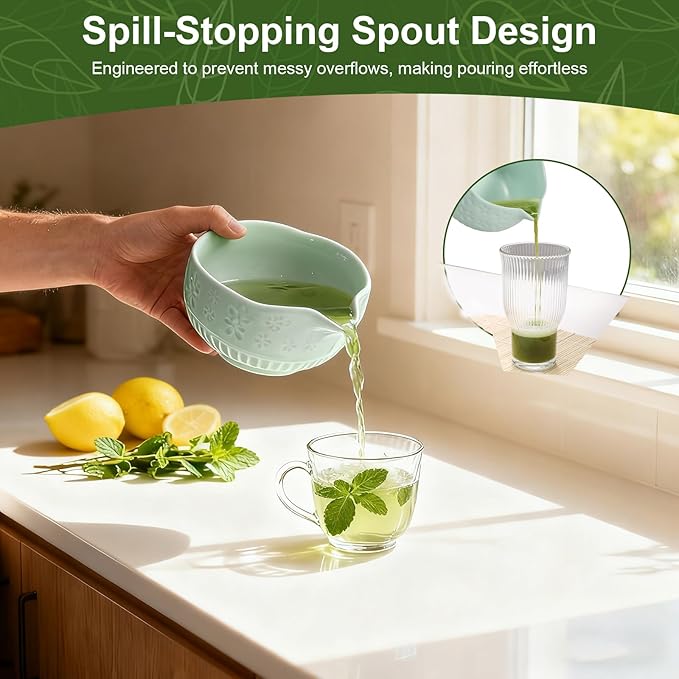 Matcha Set, 9 Pcs Ceramic Matcha Set Includes Bowl, Whisk and Holder, Bamboo Scoop, Scoop Rest, Sifter and Tea Towel ect- Complete Kit for Traditional Matcha, Modern Lattes (Green)