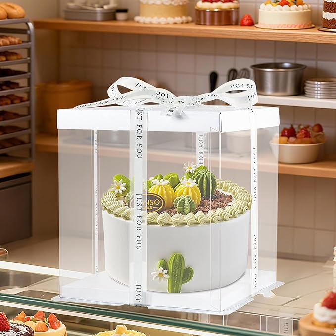 8 Packs Tall Cake Boxes with Ribbon,10x10x9 inches Bakery Boxes,White Multi-Layer Cake Containers for Birthday,Wedding,Halloween(White, 10 * 10 * 9inch/8pcs)