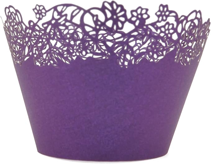 Cupcake Wrappers Pack of 50 Purple Filigree Artistic Bake Cake Paper Cups Little Vine Lace Laser Cut Liner Baking Cup Muffin Case Trays for Wedding Party Birthday Decoration -By KEIVA