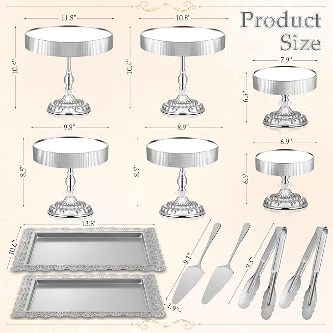 12 Pieces Silver Cake Stand Set, Vintage Cake Display Stand with Crystal Edge and Cupcake Display Tray, Dessert Table Display Set for Wedding Party Baby Shower Anniversary Celebration
