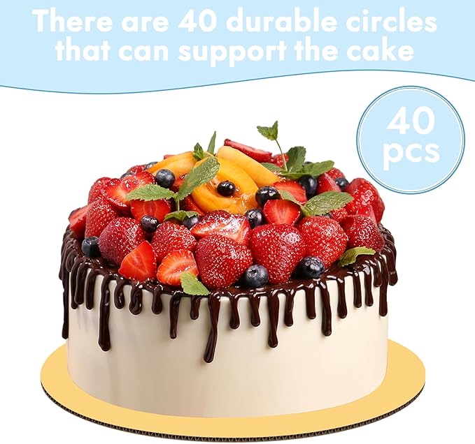 JCD Stunning Gold Color Cakeboard,40 Packs Cakes Boards 8 inch Round,Food-Graded Corrugated Cardboard,Waterproof and Oil-Proof Cake Plate for Cake DIY (Gold, 8inch/40Pcs)