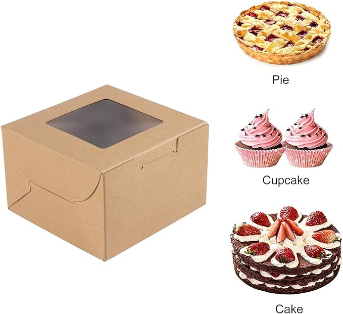 Wei Long 8 Inch Cake Boxes with window 24pcs Cake Boxe with cake boards 8x8x5 Inches Bakery Boxes Cajas Pasteles for Cake,Pastries,Cookies,Pie,Birthday Party,Wedding (Brown)