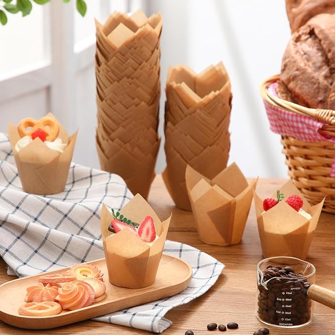 600 Pcs Tulip Cupcake Liners for Baking Muffin Liners Printed Baking Cups Holders Greaseproof Wrappers Decoration for Cupcake Bouquet Birthday Party Wedding Bride Shower (Kraft Paper Color)
