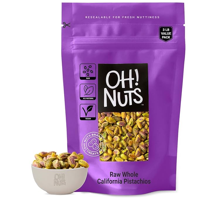 Oh! Nuts Pistachios No Shell - Raw - 100% Natural - 3 lb - Raw Whole California Pistachios - Packed in New York Zip-Seal Bag for Exceptional Freshness