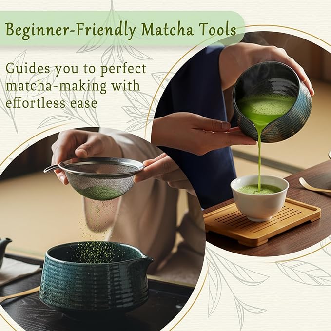 8 Pcs Matcha Whisk Set Chasen Matcha Whisk Bamboo Bowl with Spout Sifter Spoon Scoop Whisk Holder Bamboo Mat Complete Matcha Making Kit (Blue)