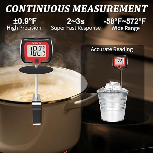 BOMATA Digital Candy Thermometer with Pot Clip, Deep Fry Oil Thermometer with Rotatable Display & Long Probe, for Candy Candle Making, Cooking, Food, Liquids, Water, Sugar.. Black