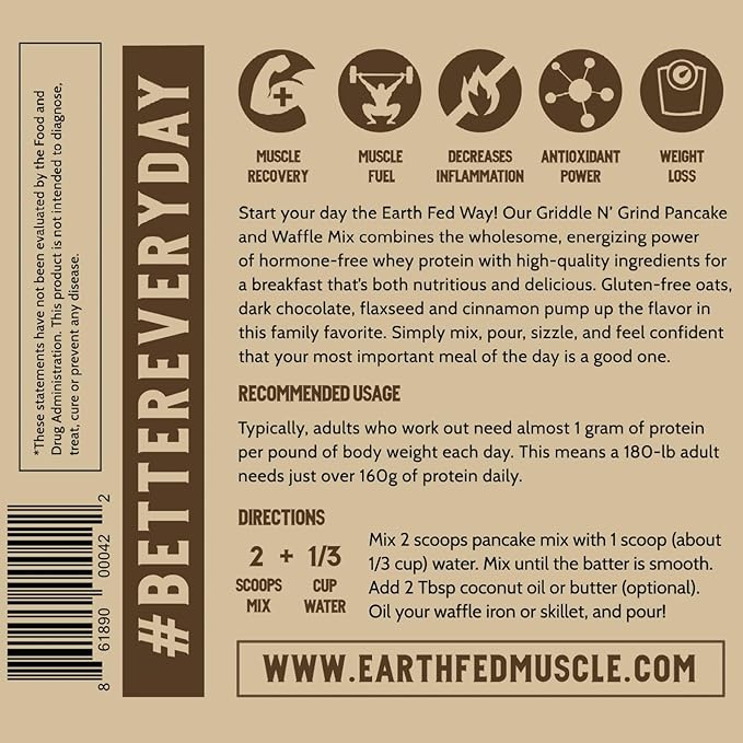 Earth Fed Muscle Griddle N' Grind Chocolate Chip Protein Pancake Mix & Waffle Mix – Protein Pancakes Gluten Free, High Protein & Fiber, Just Add Water – 2lbs, 13 Servings