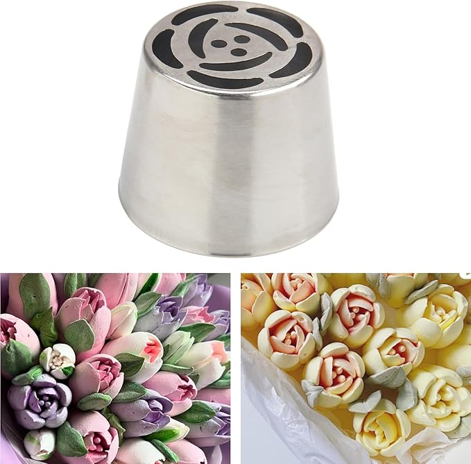 Extra Large Russian Piping Tip Set - 6 Stainless Steel Marshmallow Buttercream Framing Nozzles for 3D Roses Tulip Cake Decorations and Marshmallow Bouquets, Includes 1 Cleaning Brush(6I)