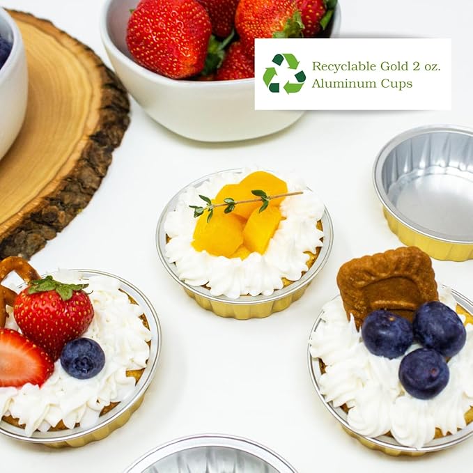CMJJ 100ct Tiny 2oz Gold Bakeable Aluminum Cups | Mini Disposable Ramekins | Baking Essentials for Parties, Weddings, Catering