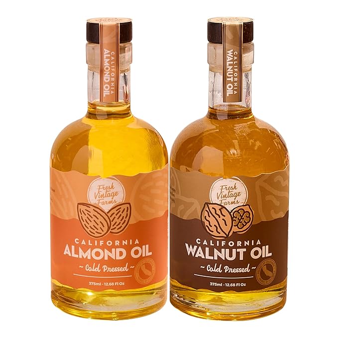 Fresh Vintage Farms Nut Bundle 100% Undiluted Cold Pressed Almond & Walnut Cooking Oils | Wholesome & Nutritious Healthy Cooking Oils for Cooking, Baking, Dipping, & Salads | 12.68 Fl oz, Pack of 2