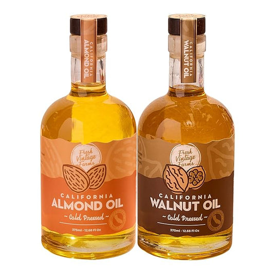 Fresh Vintage Farms Nut Bundle 100% Undiluted Cold Pressed Almond & Walnut Cooking Oils | Wholesome & Nutritious Healthy Cooking Oils for Cooking, Baking, Dipping, & Salads | 12.68 Fl oz, Pack of 2