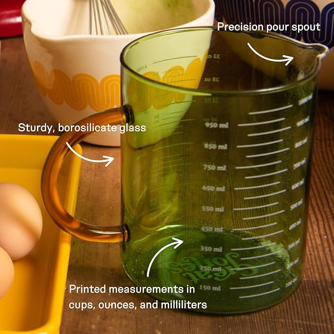 Great Jones Beyond Measure 4-Cup Glass Measuring Cup | Durable Borosilicate Glass with Easy-Read Markings, Precision Pour Spout | Microwave & Dishwasher Safe | Broccoli 5.5 x 4 Inches