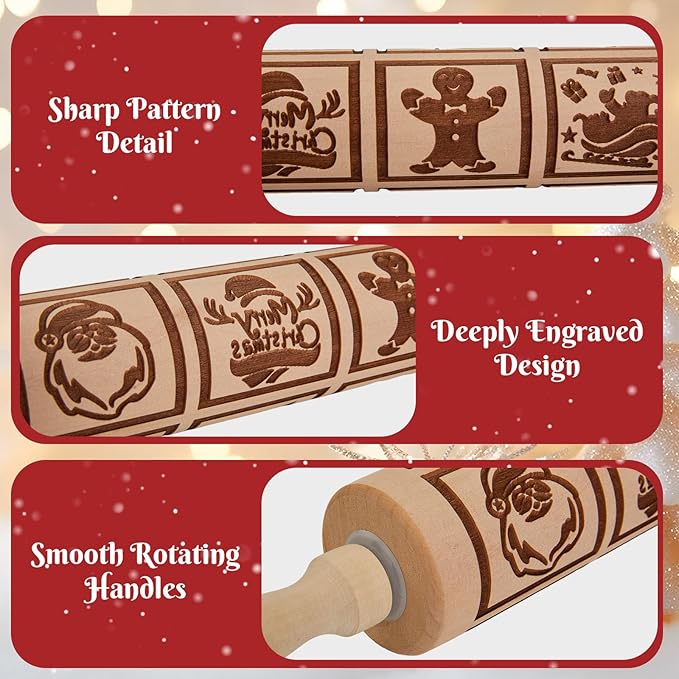 Gobam Embossed Rolling Pin for Cookies, Engraved Wooden Rolling Pin for Baking, Deep Pattern Cookie Roller for Christmas, Holiday, DIY Kitchen Decor and Gift - Christmas Classic