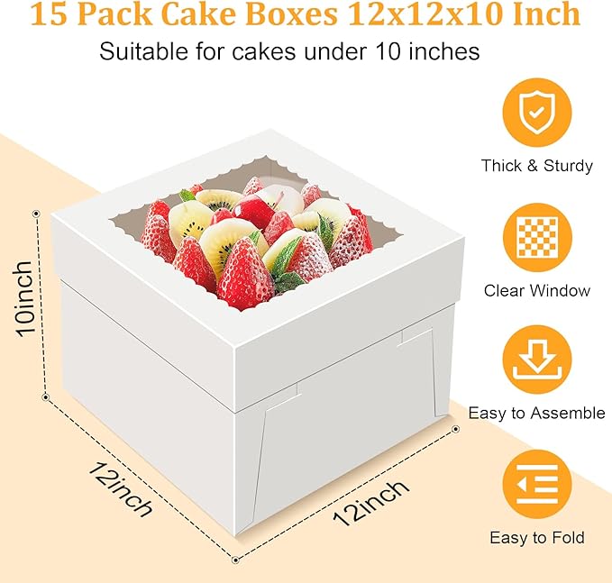 15 PCS Cake Boxes 12 Inch, 12x12x10 Tall Cake Box, 12 Inch Cake Box with Window, White Bakery Boxes, Large Baking Boxes, Cajas Para Pasteles, 12x12 Cake Boxes for Birthday, Wedding, Party, Business