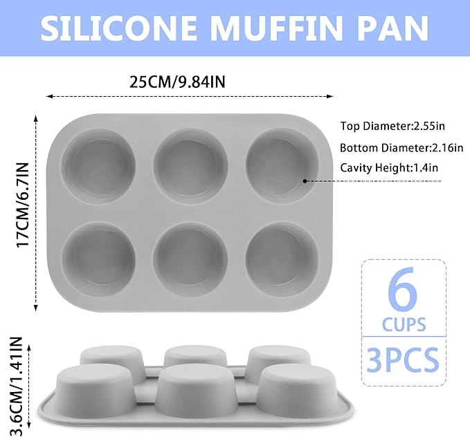 3-Pack 6-Cup Silicone Muffin Pans, Nonstick Cupcake Baking Molds, Muffin Cupcake Pans Molds for Baking, BPA/PFA-Free, Dishwasher & Oven Safe - Gray