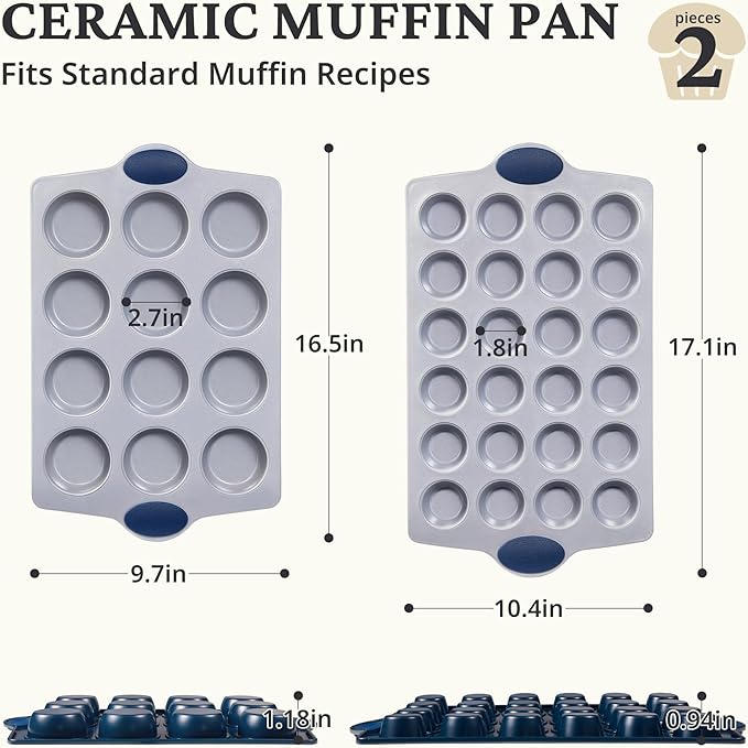 BRONYPRO 2-Pack 12 Cup and Mini 24 Cup Non Toxic Nonstick Ceramic Muffin Pan & Cupcake Tin, PFOA & PTFE Free, Heavy Duty Rust-Resistant Aluminized Steel, Oven & Dishwasher Safe, Blue