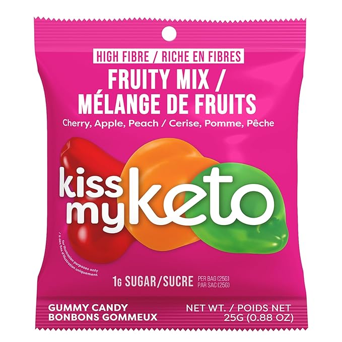Kiss My Keto Sugar Free Gummies, Fruity Mix 16-Pack – Satisfy Cravings while Staying in Ketosis – High Fiber, 7g Net Carbs, Non-GMO, Vegan, & Gluten-Free – Low-Calorie Vegan Candy